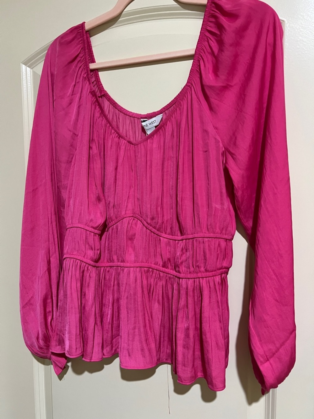 Nine West Hot Pink Long-Sleeve Peplum Blouse Large C533